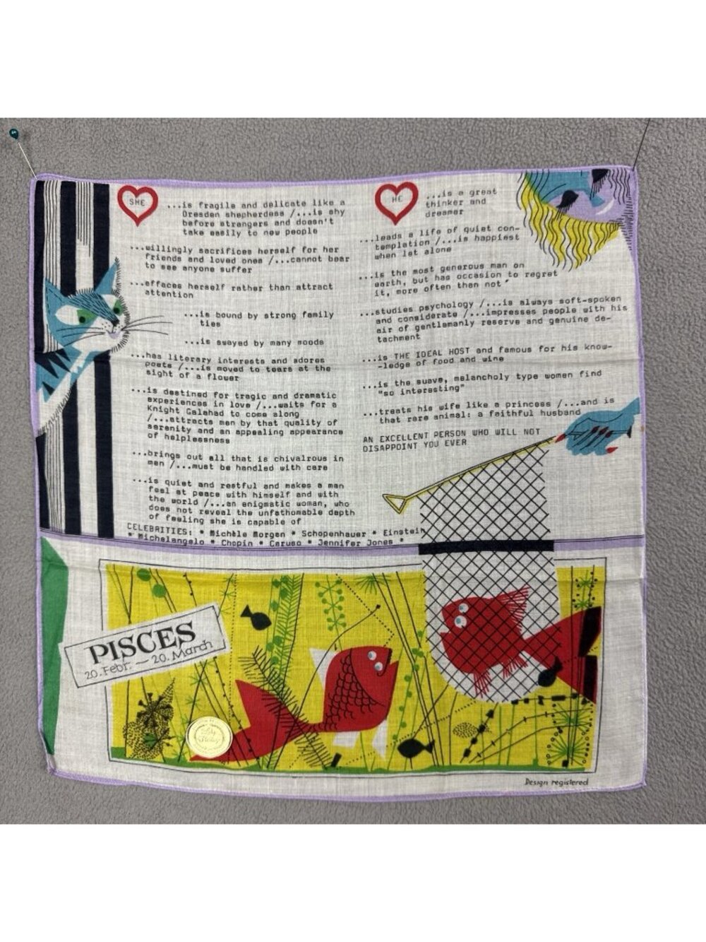 Lady Heritage Pisces Horoscope Cotton Handkerchief 50s/60s MCM fish cat English